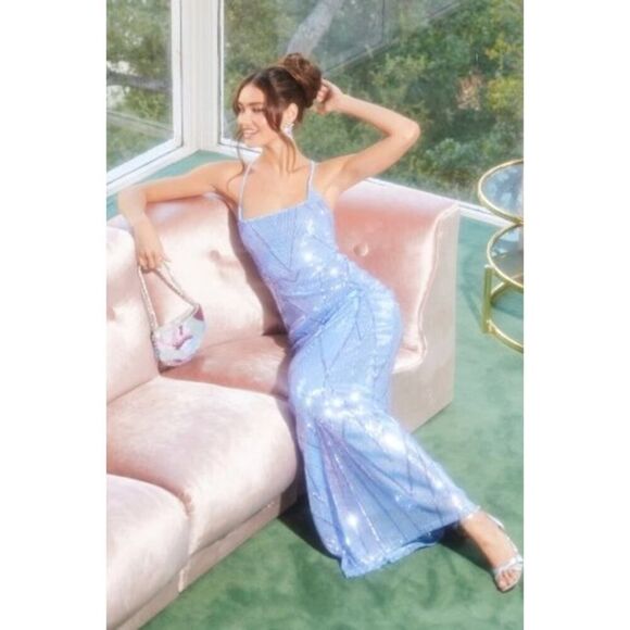 Lulus Flawless Glow Periwinkle Iridescent Sequin Lace-Up Maxi Dress Sz. S - Picture 3 of 9